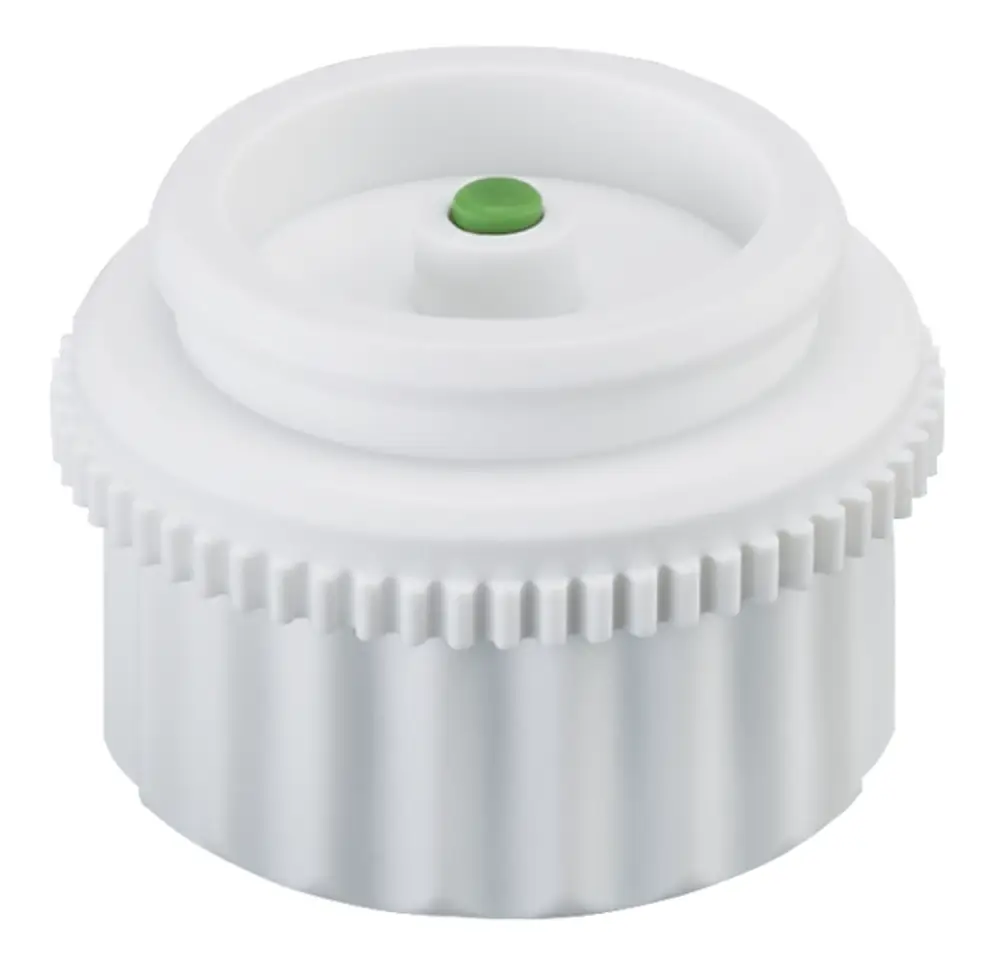 Ventiladapter in Weiß mit rippigem Rand und zentralem grünen Punkt. Geeignet für Rohranschlüsse, hergestellt von Oventrop.